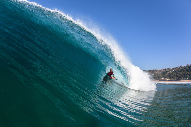 Surfing Body-Boarder Rides Blue Wave Water - Photo, Image