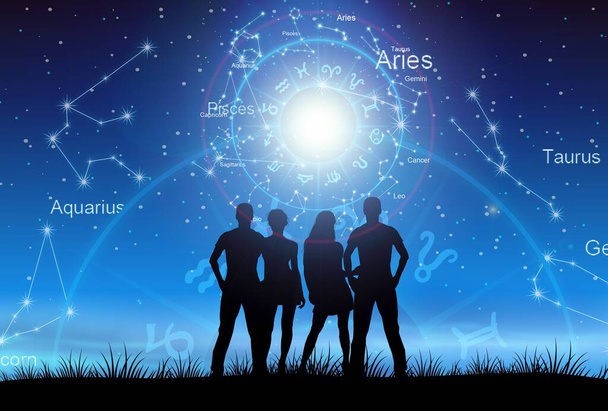 Astrological zodiac signs inside of horoscope circle. Illustration of people silhouette consulting the stars. - Foto, Imagen