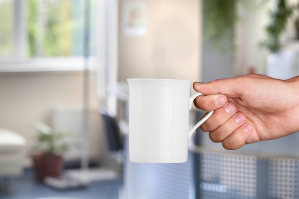 Empty ceramic white coffee cup or mug in female hands on room background. - Fotó, kép