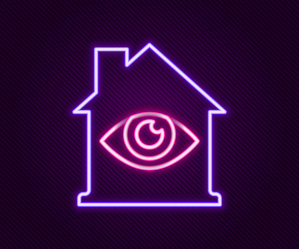 Lumineux néon ligne Maison avec icône de balayage des yeux isolé sur fond noir. Un oeil qui scanne. Symbole de sécurité. Cyber eye sign. Concept de contour coloré. Vecteur - Vecteur, image