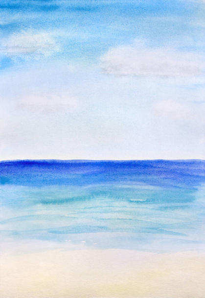 Mar azul con playa de arena y cielo azul nublado. Arte ilustración acuarela pintura - Foto, Imagen