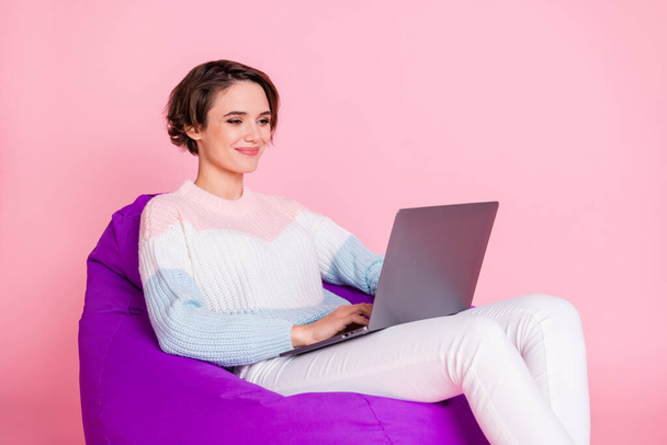 Photo portrait of woman browsing internet on laptop sitting in violet beanbag chair isolated on pastel pink colored background - Φωτογραφία, εικόνα