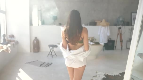 Woman In Bathroom. Fashion portrait model in bath. - Footage, Video