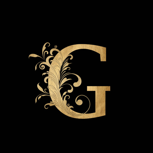 Logotipo de lujo de la letra G del monograma de la boutique, letra dorada vintage con diseño floral elegante - Foto, imagen