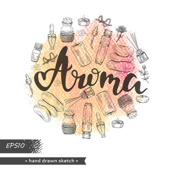 Circle filled aromatherapy accessories and lettering aroma .  - Vector, Image