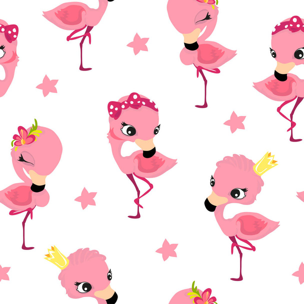 Naadloos patroon in tekenfilmstijl, kinderthema met leuke en aantrekkelijke flamingo. Vector illustratie zonder contouren op een solide achtergrond. - Vector, afbeelding