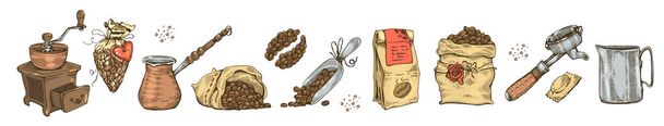 Imagem de diferentes ferramentas e equipamentos de café. Sementes de café. Ilustração vetorial. - Vetor, Imagem