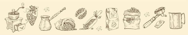 Lista de granos de café y herramientas. Ilustración vectorial. - Vector, Imagen