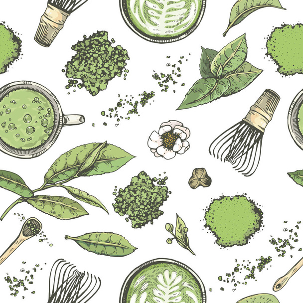 Hand-drawn seamless pattern matcha tools drinks and leaves, vector illustration. - Vector, Image