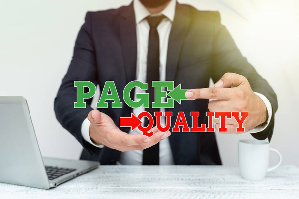 Conceptueel bijschrift Page Quality. Concept betekent effectiviteit van een website in termen van uiterlijk en functie Remote Office Work Online Presenteren Business Plan En Designs - Foto, afbeelding