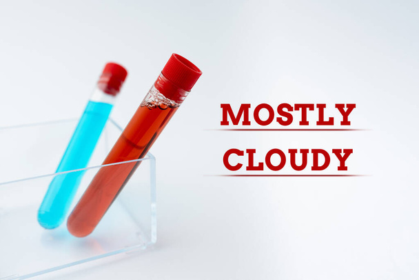 Написание отображения текста В основном облачно. Бизнес-концепция Shadowy Vaporous Foggy Fluffy Nebulous Clouds Skyscape Presenting Medical Samples Laboratory Testing New Virus Medicine - Фото, изображение