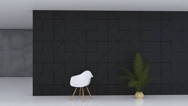 3D візуалізація інтер'єру з білим стільцем у вітальні з бетонною стіною та чорною стіною з високим рельєфним дизайном. Мінімалістична концепція
 - Фото, зображення