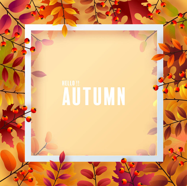 Autumn holiday seasonal background with colorful autumn leaves, mushrooms, owls, golden pods, squirrels, and elements paper cut craft style on color background. - Vektör, Görsel