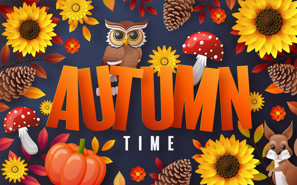 Herbstferien saisonalen Hintergrund mit bunten Herbstblättern, Pilzen, Eulen, goldenen Schoten, Eichhörnchen und Elementen Papier geschnitten Handwerk Stil auf farbigem Hintergrund. - Vektor, Bild