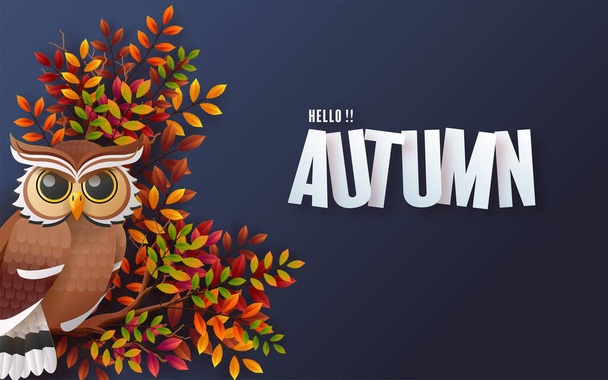 Autumn holiday seasonal background with colorful autumn leaves, mushrooms, owls, golden pods, squirrels, and elements paper cut craft style on color background. - Vector, imagen