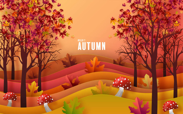 Autumn holiday seasonal background with colorful autumn leaves, mushrooms, owls, golden pods, squirrels, and elements paper cut craft style on color background. - ベクター画像