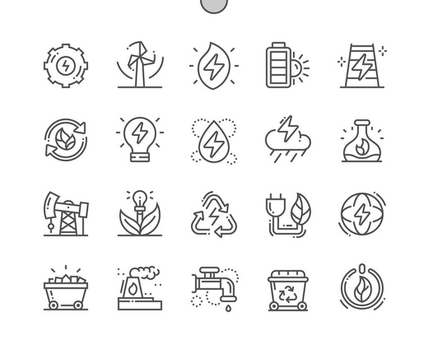 Renewable energy. Wind power. Green energy. Water power. Processing of natural resources. Recycling. Pixel Perfect Vector Thin Line Icons. Simple Minimal Pictogram - Vector, imagen