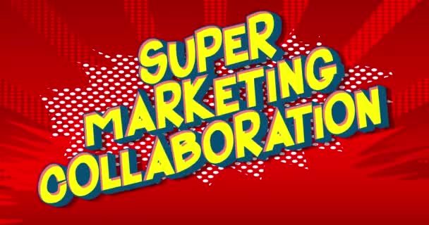 4k geanimeerde Super Marketing Samenwerkingstekst over comic book achtergrond met veranderende kleuren. Retro pop kunst comic stijl social media post, motion poster. - Video