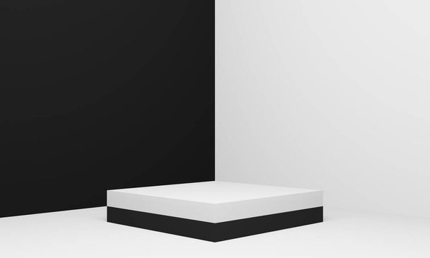3D renderowane geometryczne stoisko produktu. Czarno-białe tło rogu - Zdjęcie, obraz