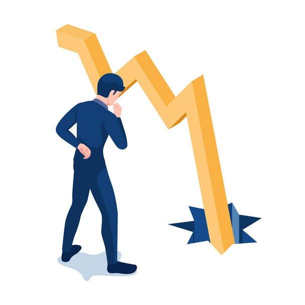 Flat 3d Isometric Businessman Looking at Graph Falling Down Through The Floor. Business Crisis and Analysis Concept. - Vektor, kép