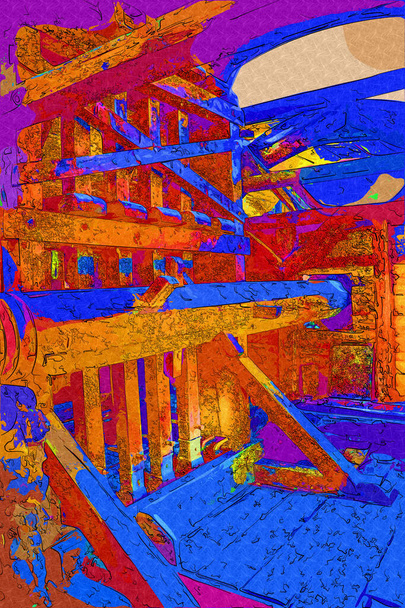 Steppe mill, Watermill Mill Wheel Winter Landscape Lueneburg Heath, mediaeval old history art illustration retro vintage antique sketch - Photo, Image