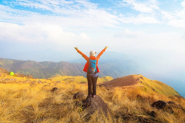Wandelaar aziatische vrouw gelukkig gevoel vrijheid goed en sterk gewicht zegevierend geconfronteerd op de natuurlijke berg. Reisconcept - Foto, afbeelding