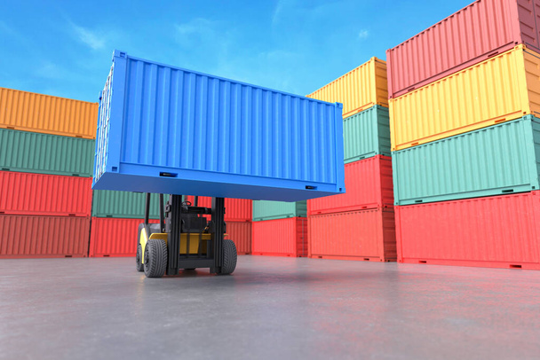 Wózek widłowy podnoszenia kontenera, koncepcja usługi dostawy, logistyka transportu towarowego. 3D ilustracja - Zdjęcie, obraz