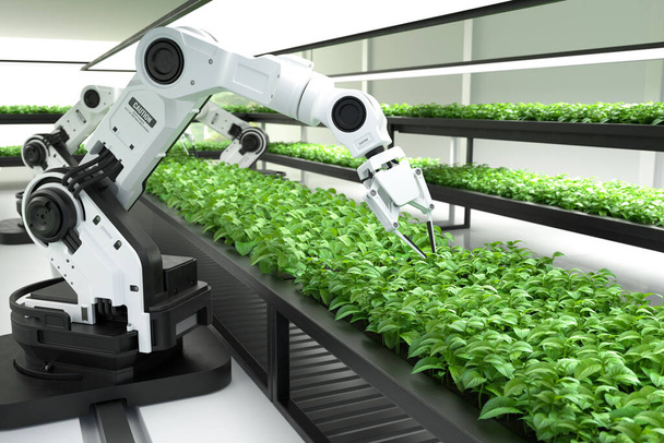 Concepto de agricultores robóticos inteligentes, agricultores robóticos, tecnología agrícola, automatización agrícola. Ilustración 3D - Foto, imagen