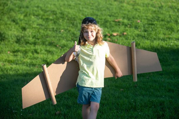 Kid boy playing with cardboard wings. Child in summer field with thumbs up. Kids travel and vacation concept. Imagination and freedom concept. - Fotografie, Obrázek