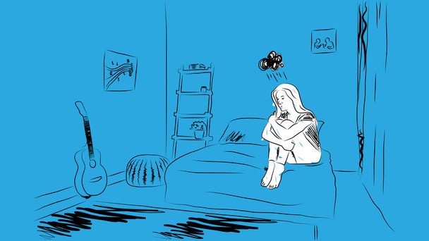 chica triste sentado en dormitorio simple dibujado a mano diseño estilo mínimo vector ilustración - Vector, Imagen
