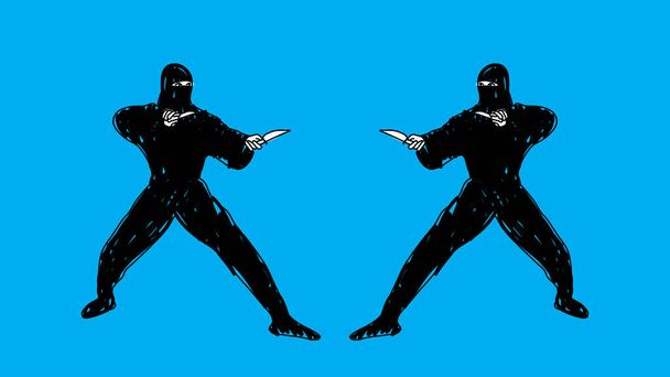 Rapinatore, Ninja, Assassino in possesso di coltelli semplice disegno disegnato a mano stile minimale vettoriale illustrazione - Vettoriali, immagini