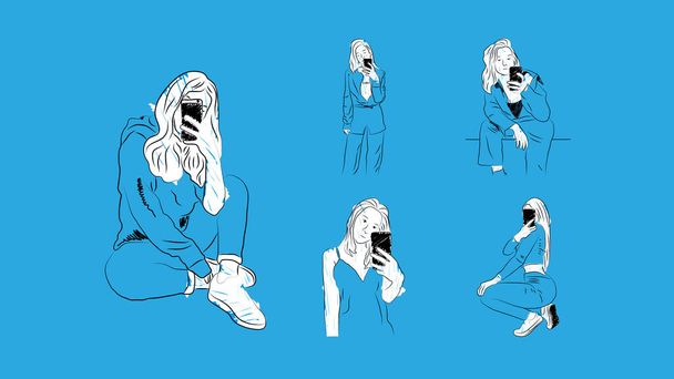 eri tytöt ottaen peili selfie sosiaalisen median eri asennoissa yksinkertainen käsin piirretty suunnittelu tyyli minimaalinen vektori kuva - Vektori, kuva