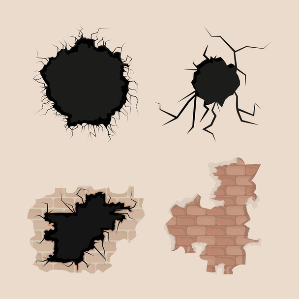 icon set cracked bricks wall - Vector, Image