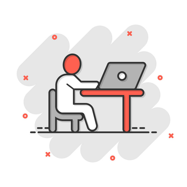 Mensen met laptop computer icoon in komische stijl. PC gebruiker cartoon vector illustratie op wit geïsoleerde achtergrond. Office manager splash effect business concept. - Vector, afbeelding