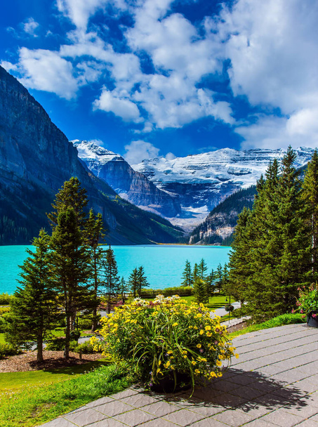 Glacial Lake Louise in Canadian Rockies. The lake embankment with green lawns and flower beds. The lake is surrounded by mountains and forests. The concept of ecological and photo tourism - Foto, Imagem