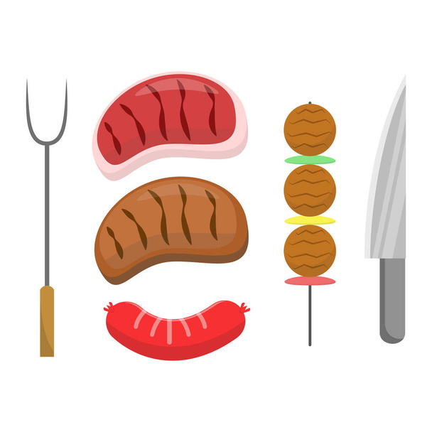 Caricature vectorielle de la viande grillée ensemble et de l'équipement. Convient pour les produits alimentaires - Vecteur, image