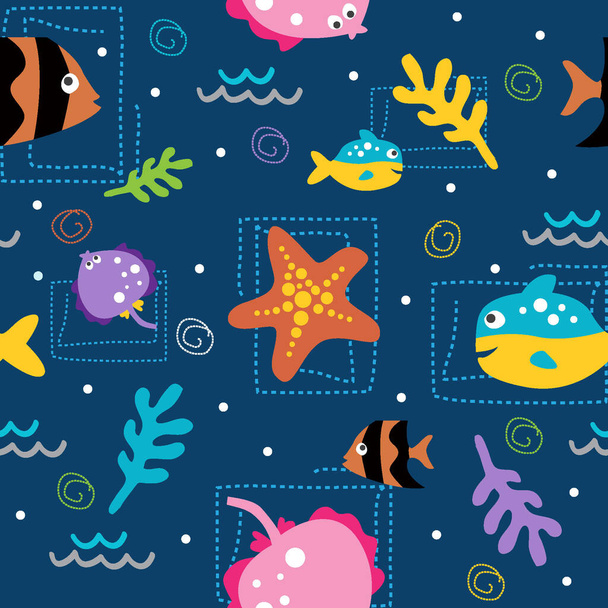 patrón sin costuras animales de dibujos animados lindo bajo el agua con fondo azul océano - Vector, Imagen