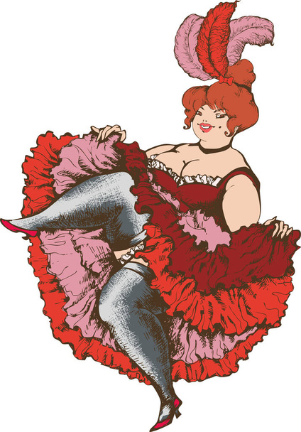 Чабби Канкан танцор в красном платье. Смешная карикатура. На изолированном фоне. - Вектор,изображение