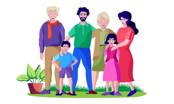 Aile ayakta, baba anne ve çocuklar büyükbaba ve büyükbaba vektör çizimi - Vektör, Görsel