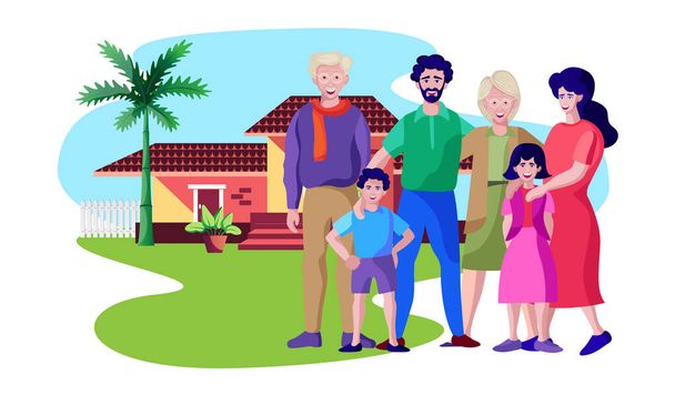 family standing in front of home vector illustration - Vector, Image