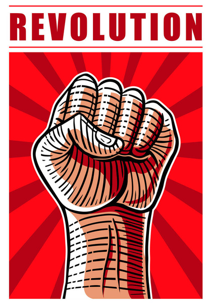revolución retro poder mano puño levantado cartel vector ilustración - Vector, Imagen