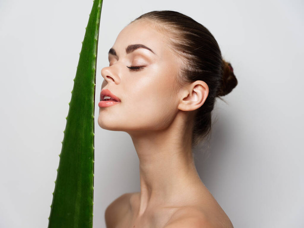 woman with aloe leaf clear skin cosmetology bare shoulders portrait cropped view - Valokuva, kuva