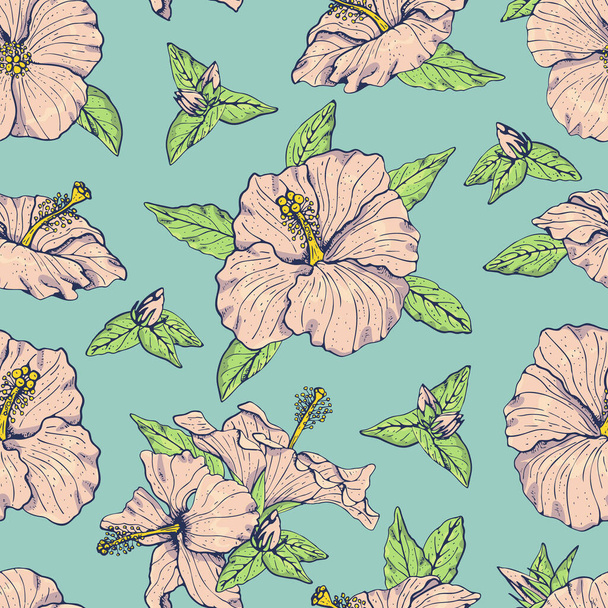 Vintage seamless pattern with line art pink hibiscus flowers, buds and leaves, with dark outline. On turquoise background. - Вектор, зображення