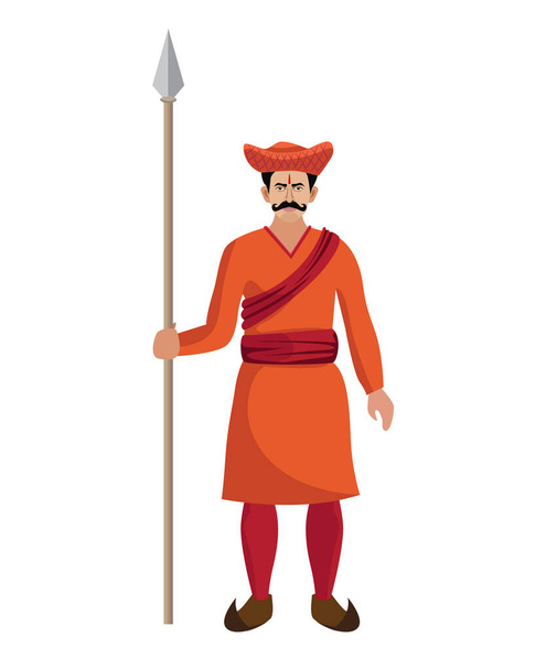 Maratha hindou indien soldat traditionnel, guerrier debout avec une illustration vectorielle de lance - Vecteur, image