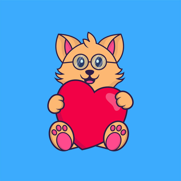 Aranyos macska, nagy vörös szívvel. Állati rajzfilm koncepció elkülönítve. Használható póló, üdvözlőlap, meghívó vagy kabala készítésére.. - Vektor, kép