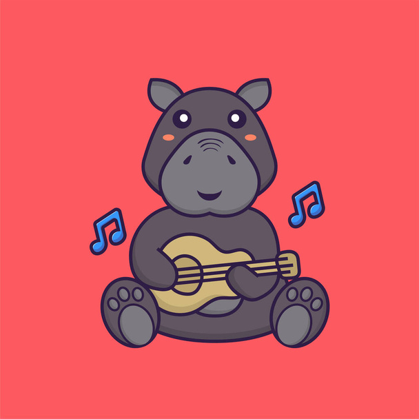 Hipopótamo giro a tocar guitarra. Animal desenho animado conceito isolado. Pode usado para t-shirt, cartão de saudação, cartão de convite ou mascote. - Vetor, Imagem