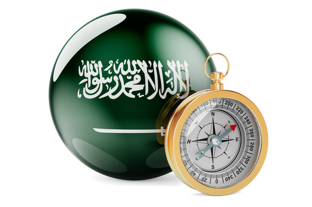 Kompass mit saudi-arabischer Flagge. Reisen und Tourismus im saudi-arabischen Konzept. 3D-Darstellung isoliert auf weißem Hintergrund - Foto, Bild