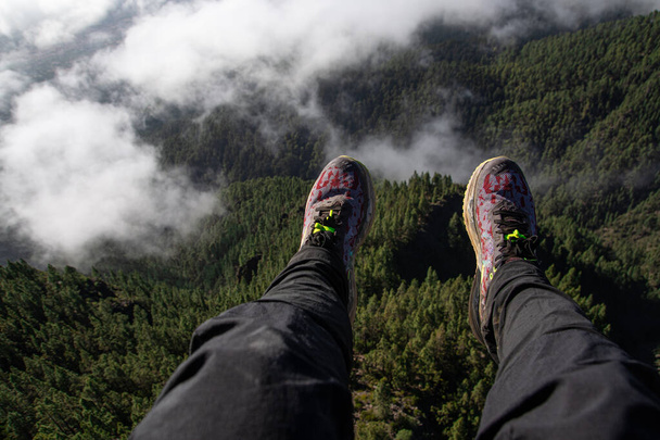 Feet in sneakers on a pine forest with clouds and fog. - Photo, Image