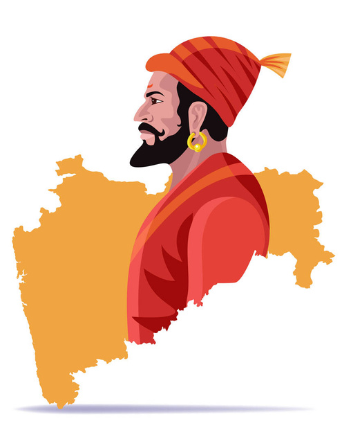 hindu king shivaji maharaj with maharashtra map vector illustration - Vector, Image