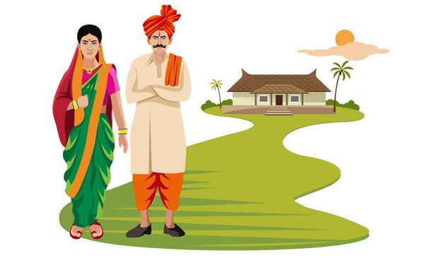 maharashtra hombre y mujer, en vestido tradicional de pie delante de la ilustración del hogar rural - Vector, Imagen